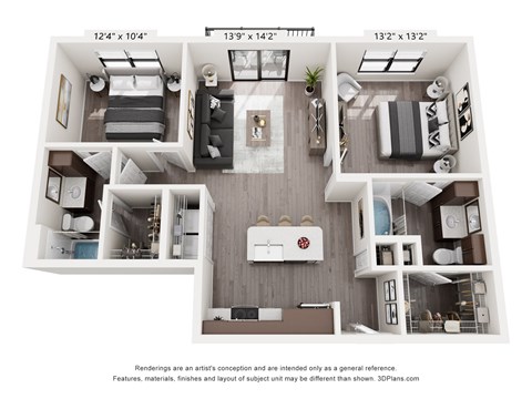 Floor plan for 2 beds, 2 baths, 1022 sqft